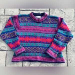 Vintage 80s 90s Karen Scott Mohair Fuzzy Colorful Fairisle Sweater Pink Purple S